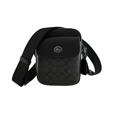 COACH 黑灰C LOGO PVC前扣袋斜背男包(小)