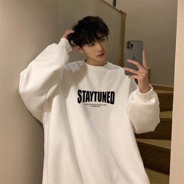 100%純棉圓領重磅加絨加厚衛衣男春款韓版美式港風寬松情侶裝上衣