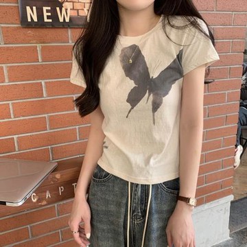 韓系ins風蝴蝶印花正肩短袖T恤女夏季修身顯瘦小眾別致短款上衣服