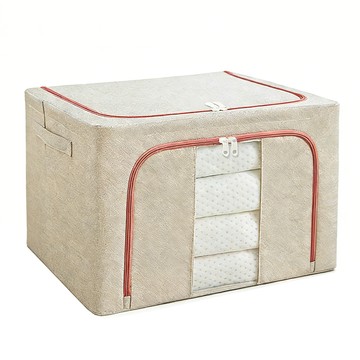 棉麻加厚衣服收納箱66L（超大容量 家用可折疊 衣服棉被收納整理箱 防潮玩具儲物袋）優雅卡其