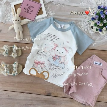 🌈✨mix1001換裝大耳朵兔兔印圖上衣✨兒童蝴蝶結🎀小兔拼袖印圖上衣 5-17