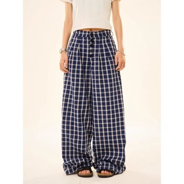 美式復古格子闊腿褲女露思同款寬松休閑慵懶風百搭垂感拖地褲子潮