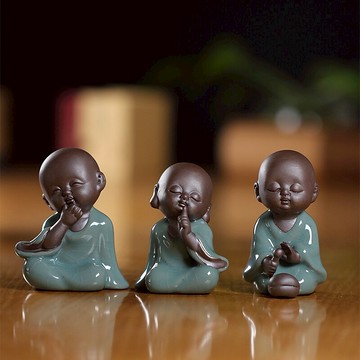 禪意哥窯小和尚博古柜臺架配件中式陶瓷人物書房魚缸造景裝飾擺件