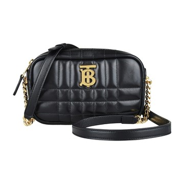 BURBERRY 巴寶莉  LOLA 金色TB字母LOGO格紋絎縫設計小羊皮拉鍊斜背相機包(迷你/黑)