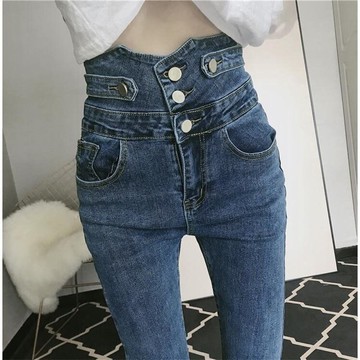 女士春秋褲子新款韓版百搭高腰緊身修身顯瘦牛仔小腳褲秋季潮