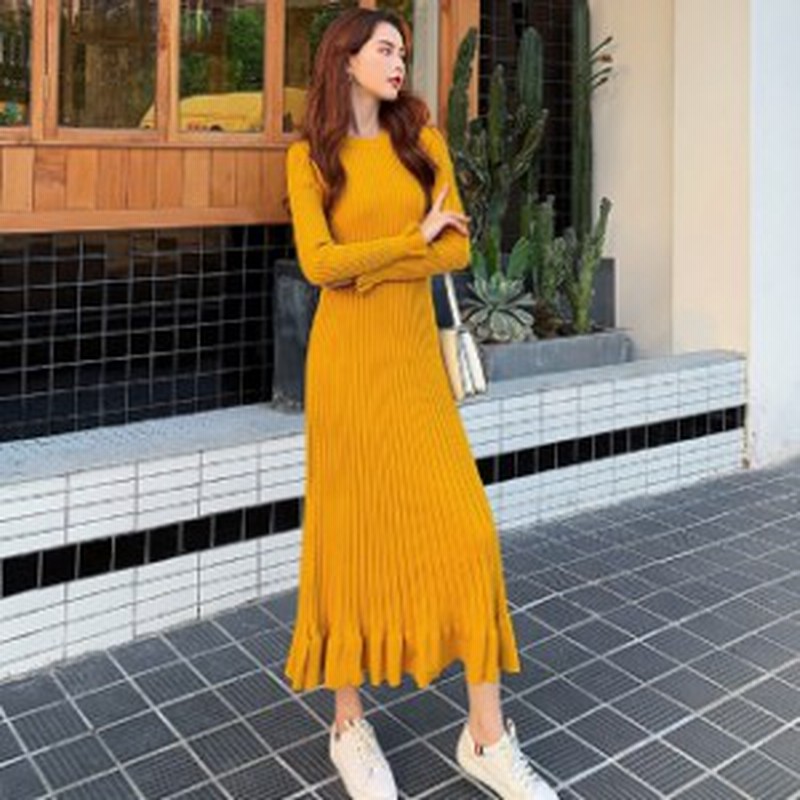 ワンピース 秋冬 大きいサイズ ニットワンピース リブニット マキシ丈 ラウンドネック 長袖 袖フリル 無地 レトロ ａライン 防寒 フェミ 通販 Lineポイント最大10 0 Get Lineショッピング