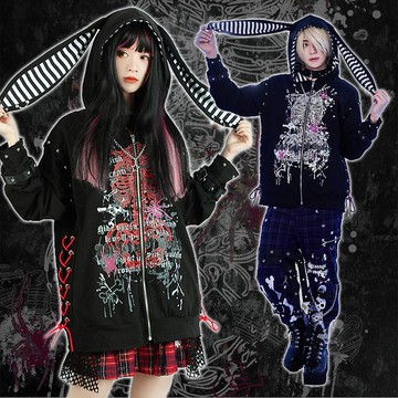 原創故障標本龐克風綁繩星星鐵鍊條紋兔耳朵連帽外套【JJ2436】