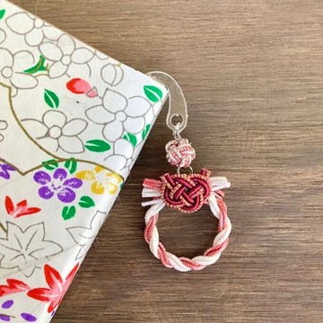 御朱印帳書籤 水引【迷你花圈】書籤夾 日式風格 手帳 閃耀紅 白