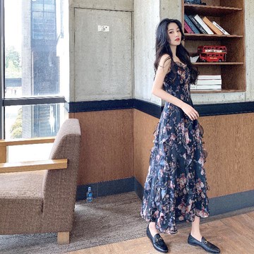 洋裝小眾碎花吊帶雪紡連衣裙女裙子收腰顯瘦氣質長裙夏季新款