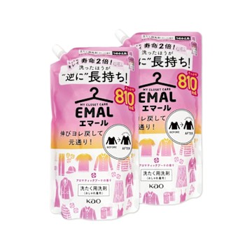 (2袋任選超值組)日本KAO花王-EMAL精緻衣物防縮抗褶皺護色香氛洗衣精補充包810ml/袋(衣物柔軟芳香洗劑,除汗臭襪臭潮濕悶臭,滾筒式/直立式洗衣機皆適用)