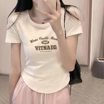 短款不規則設計感上衣短袖t恤女修身小眾設計感短款202年夏季純棉