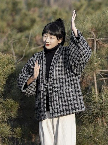 黑灰格子 編織呢子改良 日式和服道袍外套/棉服 無性別穿搭