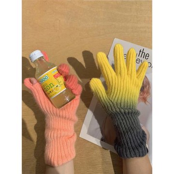 冬天漸變色五指觸屏毛線針織手套女冬季騎行保暖可愛露指男女手套