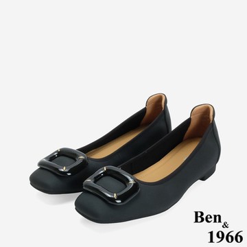 Ben&1966高級絲綢羊皮可愛方釦舒適包鞋-黑(246581)