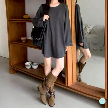 Waroom|現貨實拍 反摺袖中長版針織連身裙｜針織上衣 長袖上衣 秋冬 下半身失蹤 圓領針織 包芯紗 及膝 3086