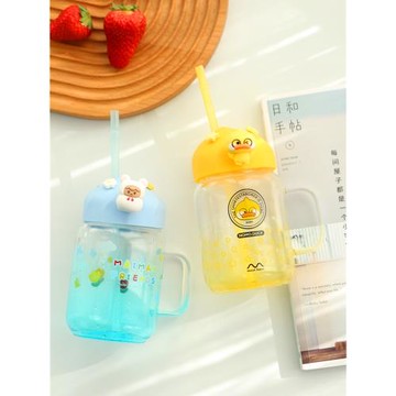 水杯辦公室女生家用小黃鴨玻璃杯帶手柄情侶帶蓋可愛帶吸管的杯子