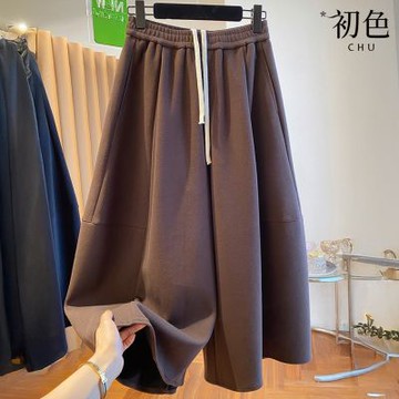 初色 純色抽繩鬆緊腰寬鬆休閒褲寬褲闊腿褲花苞褲褲裙長褲-共2色-17226(M-3XL可選)
