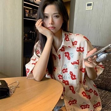 爆款直降價 外套上衣 襯衫女 寬鬆上衣 夏季設計薄款襯衣學院復古港風寬鬆新款休閒印花短袖襯衫上衣