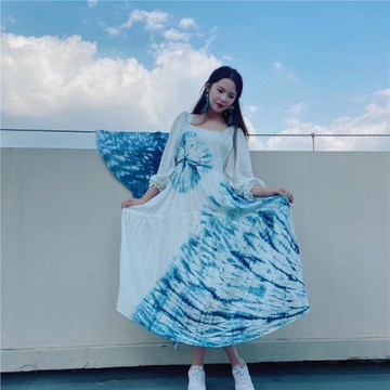 一澈秋扎染原創設計手工植物藍染法式方領文藝仙女文藝顯瘦連衣裙