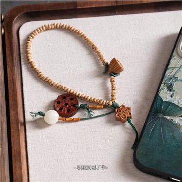 蓮蓮好運桃木藕花星月菩提手機鏈掛繩好運連連掛飾掛件女款新中式