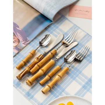 西餐餐具高級牛排餐具刀叉勺三件套裝甜品叉竹節手柄304不銹鋼