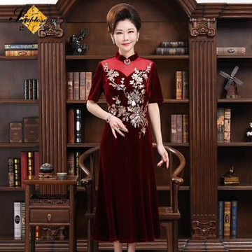 虧本清倉碧陽絲絨旗袍改良修身喜婆婆婚宴裝媽媽高端禮服裙連衣裙