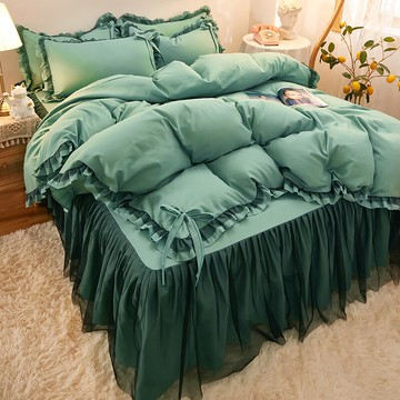 韓式床裙款公主風床上四件套網紅同款春秋夏季蕾絲荷葉花邊被套女