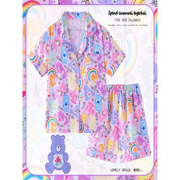 彩虹熊女童冰絲睡衣2024新款夏季薄款短袖中大童女孩子家居服套裝