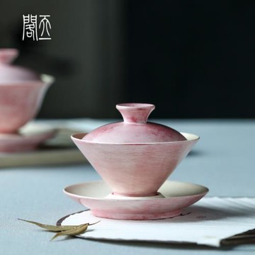 天一閣丨春天的胭脂化妝土粉引元寶小蓋碗玉蘭花型全手工女士茶具