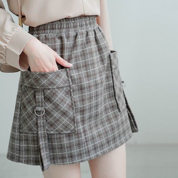 現貨★毛呢鬆緊腰格紋D環工裝短褲裙(共2色)1118 【NR2441】
