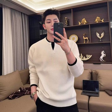 秋冬季洋氣V領寬鬆針織衫男新款百搭休閒打底毛衣男潮