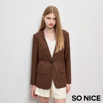 SO NICE【特惠】西裝外套 外套 棕色 [堅果穀棕無領時裝布造型西裝外套] 辦公室穿搭【29445013】