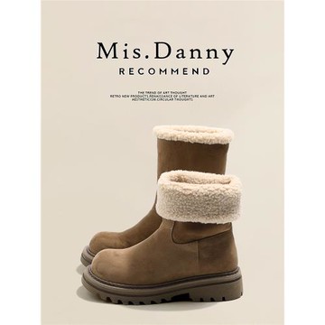 兩穿翻毛口防滑厚底雪地靴女2025秋冬直筒短靴加絨加厚保暖大棉鞋