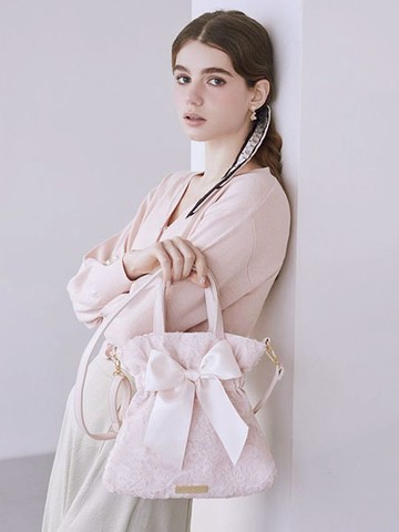 淡粉櫻花蕾絲蝴蝶結緞帶束口手提/側背包(08001355700) - Maison de FLEUR