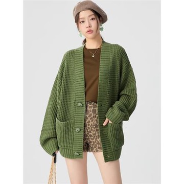 歐阿瑪施女裝2024秋季新款華夫格寬松V領羊毛針織開衫外套5499286