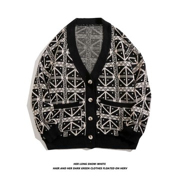 秋冬新款小外套V領外穿格子針織衫毛衣男女 寬鬆鈕扣保暖毛線衣外套