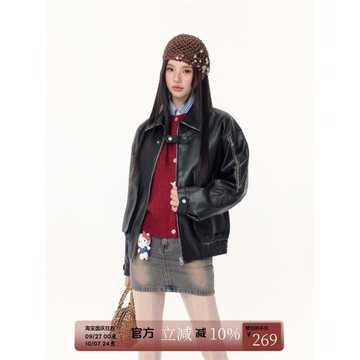 FPMZ蝴蝶結繡花復古擦色皮衣翻領寬松顯瘦機車甜酷夾克外套長袖