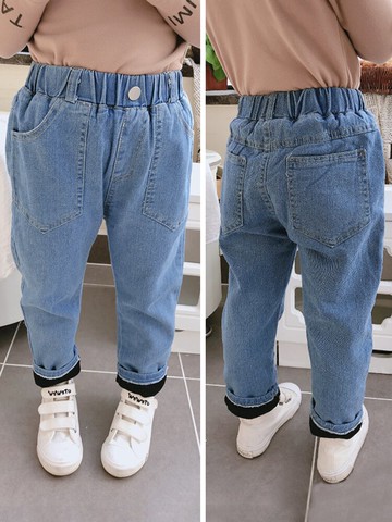 兒童褲子冬季新款男女童舒適大方加絨加厚長褲 寶寶牛仔褲1入