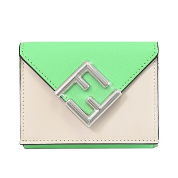 FENDI 8M0395 經典FF LOGO撞色款皮革三折小短夾.綠/白