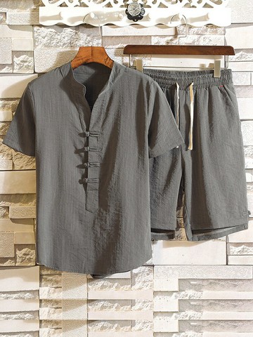 男士中國風短袖棉麻套裝 夏天中年男裝亞麻短袖寬松爸爸夏裝套裝中老年人爺爺夏季棉麻衣服