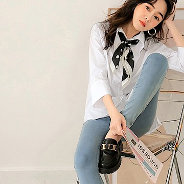 純色長版造型翻領八分袖襯衫上衣-OB大尺碼