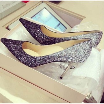 2024春秋新款新品尖頭高跟鞋亮片性感漸變女單鞋細跟淺口婚鞋女鞋