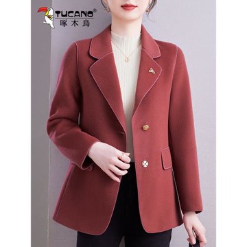 啄木鳥雙面羊絨大衣女款2026新款秋冬中年媽媽西裝女士羊毛呢外套