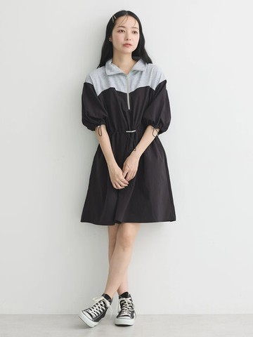 半拉鍊撞色抽繩收腰短袖洋裝(1L42L0H0600) - earth music&ecology