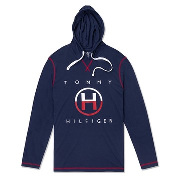TOMMY 熱銷輕薄透氣印刷大H文字圖案連帽T恤-深藍色