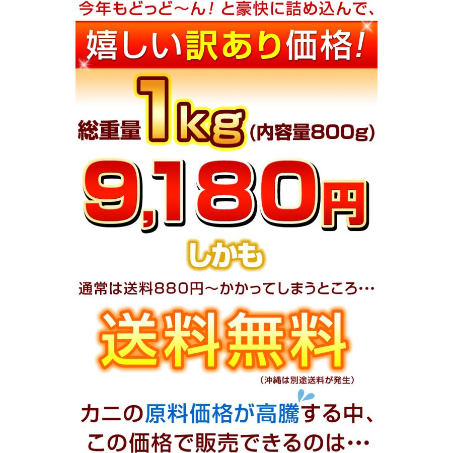 訳あり かにしゃぶ ズワイガニ 蟹しゃぶ 生 冷凍 ポーション 総重量1kg（内容量800g） 年末 カニ 蟹 訳あり 格安 カニしゃぶ かに カニ むき身 カニしゃぶ用カニ