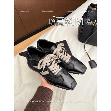復古拼色內增高6CM方頭德訓鞋女2026新款黑色系帶小眾百搭休閑鞋