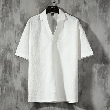 男士短袖t恤夏季薄款冰絲速干翻領半袖肌理感褶皺純色打底衫上衣