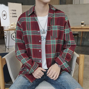 FINDSENSE H1 2018 夏季 新款 帥氣 經典格子 襯衫 長袖 寬鬆 免燙 休閒襯衫 男 潮流 上衣 男