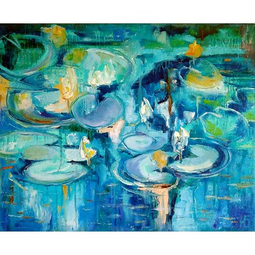 池塘山水畫，睡蓮原創藝術，蓮花，花卉牆藝術